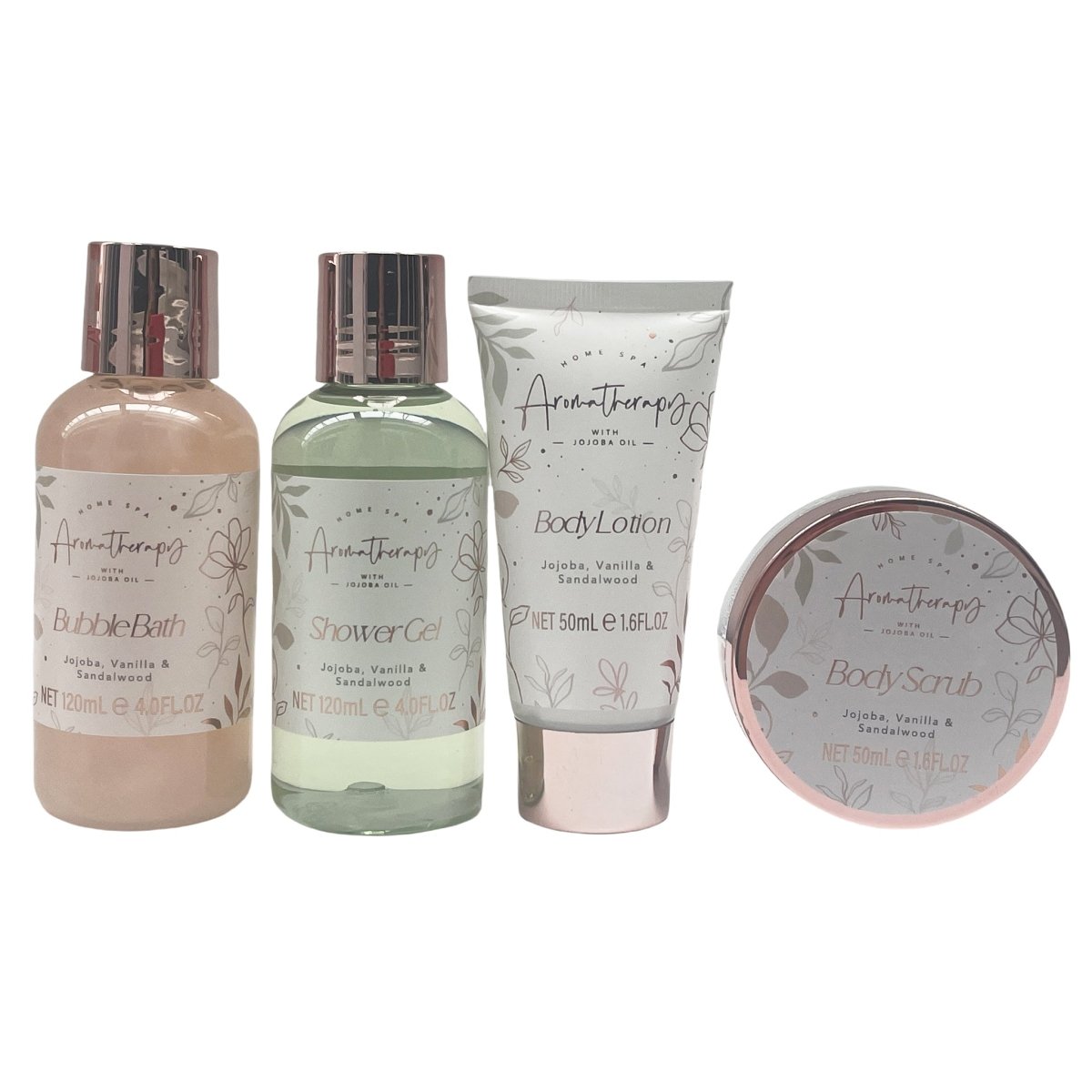 Bath set essentials: bubble bath, shower gel, body lotion tube, and body scrub jar