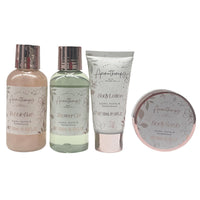 Bath set essentials: bubble bath, shower gel, body lotion tube, and body scrub jar