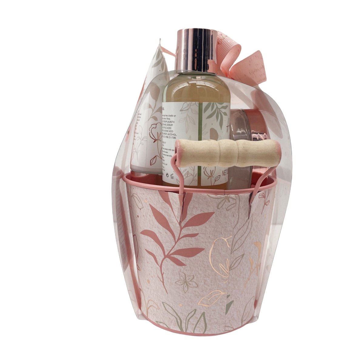 Aromatherapy bath gift set bucket holding shower gel bottle with ribbon and bow