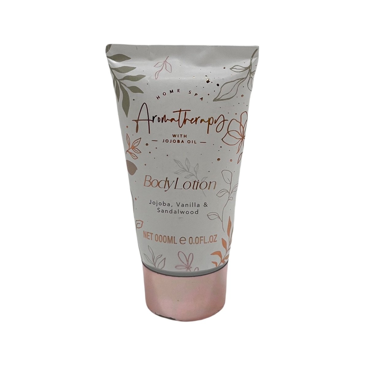 Body lotion tube with floral label and metallic cap
