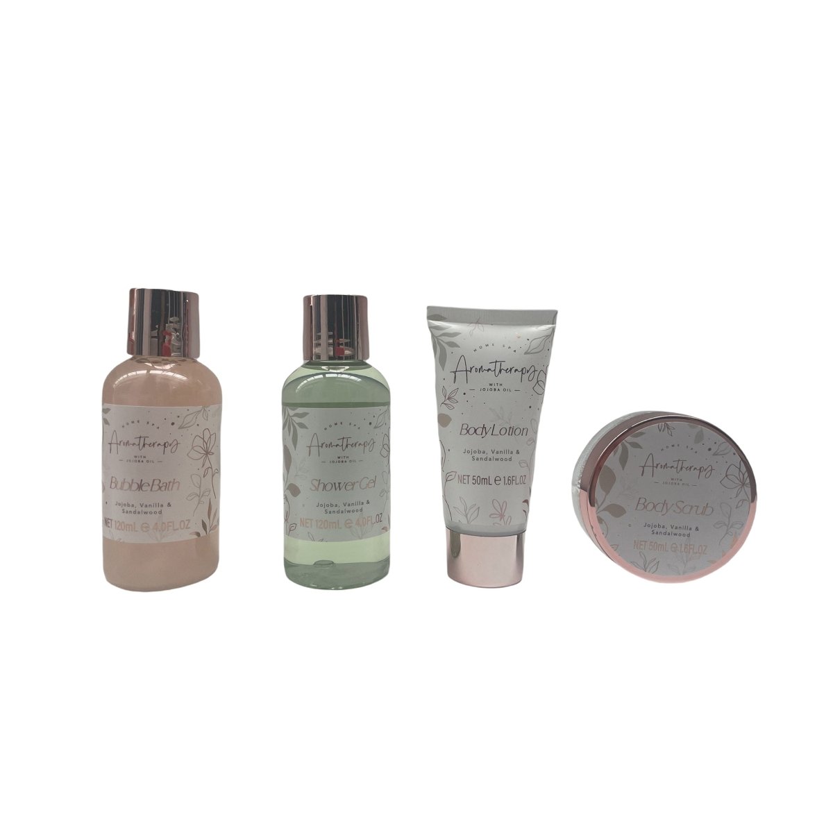 Aromatherapy bath set bottles and tube, including Body Lotion, Shower Gel, Bubble Bath, Body Scrub