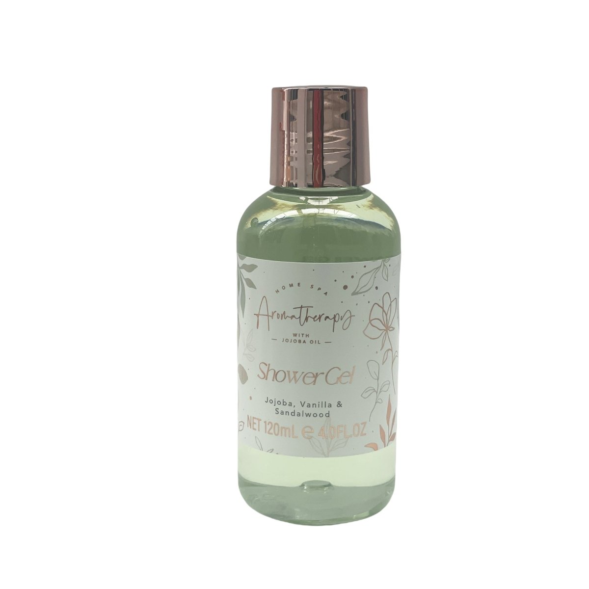 Shower gel bottle with metallic cap and green floral label