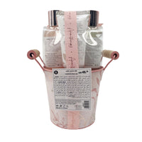 Aromatherapy bath gift set bucket with back labels and pink ribbon bow