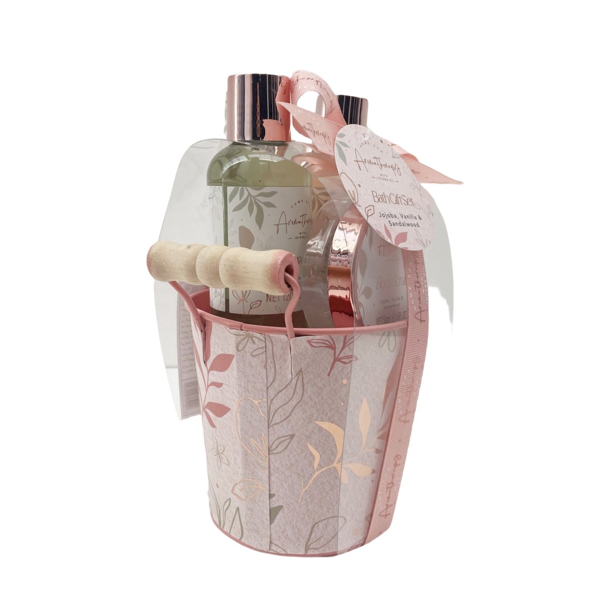 Bath gift set bucket with ribbon, holding assorted bottles and body care items