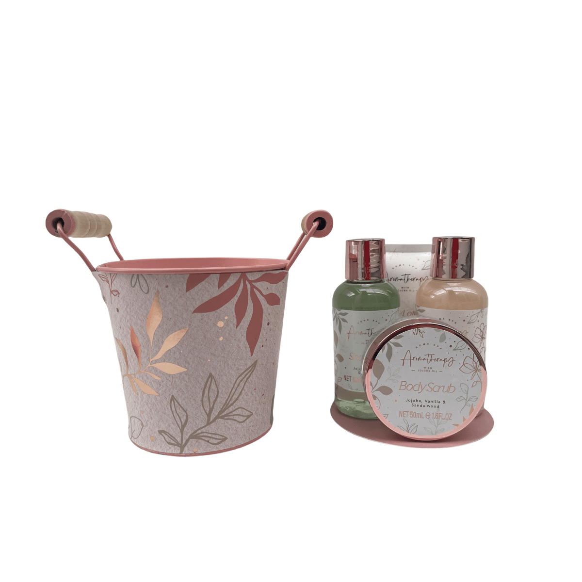 Floral gift bucket with ribbon and matching Body Scrub jar with rose-toned lid