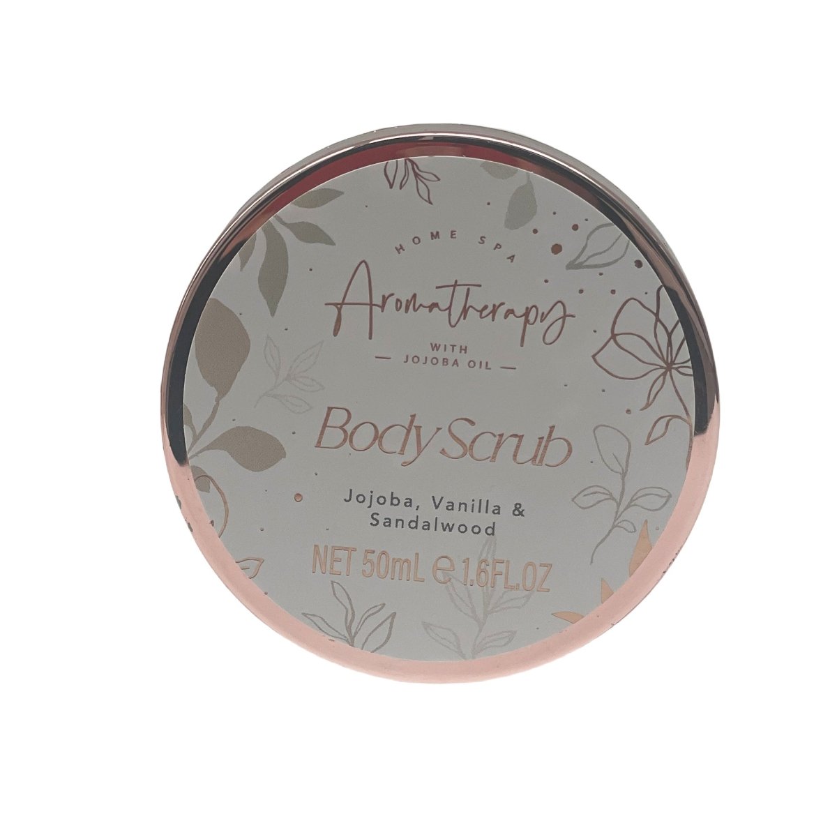 BodyScrub round jar with floral label, jojoba oil, vanilla & sandalwood