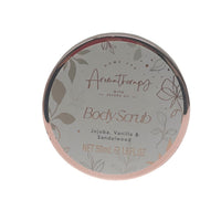 BodyScrub round jar with floral label, jojoba oil, vanilla & sandalwood