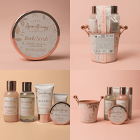 Body scrub jar with jojoba, vanilla & sandalwood, round lid and floral label
