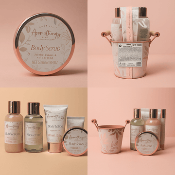 Body scrub jar with jojoba, vanilla & sandalwood, round lid and floral label