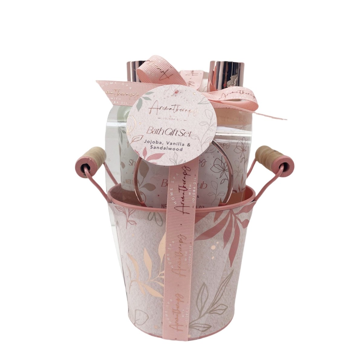 Bath gift set bucket with ribbon bow, showing bottles and a round body scrub lid