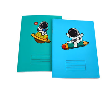 A5 astronaut PVC sleeve notebook set, teal and blue covers with spaceman and lines