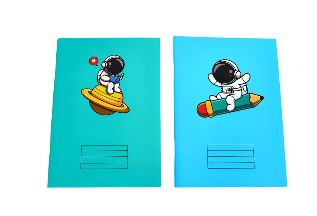 A5 astronaut PVC sleeve notebook pair, teal and blue covers with spaceman and writing lines