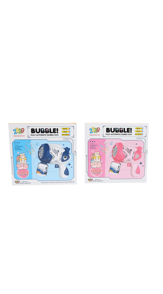 Bubble gun toy retail boxes, blue and pink sets with “BUBBLE!” label