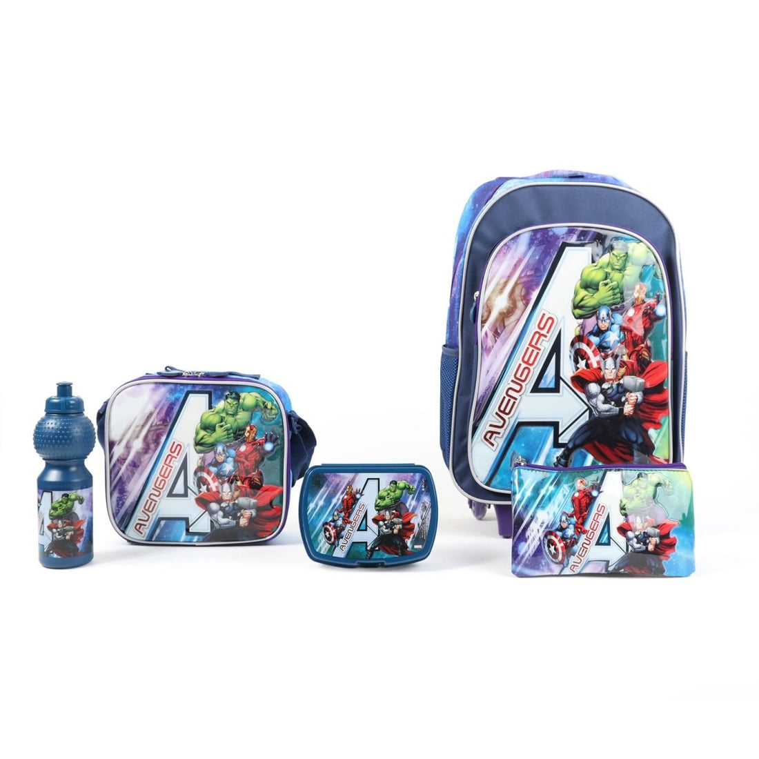 Kids school trolley bag set with Avengers character prints, lunch bag, pouch, and water bottle