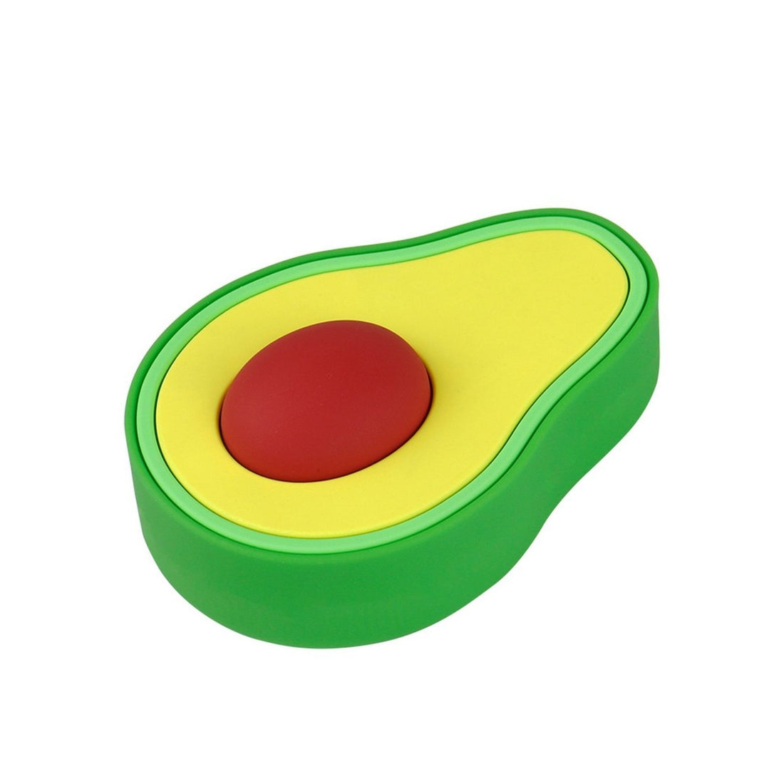 Avocado power bank with green shell, yellow center, and red circular button