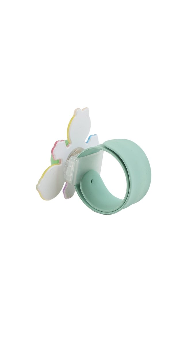 Light blue pacifier wristband with circular ring clip and flower charm with wings
