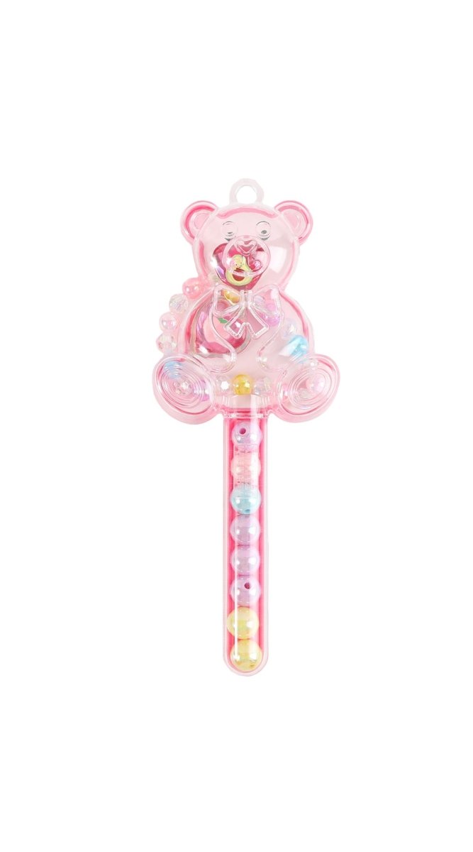 Pink teddy bear baby rattle with colorful bead handle and heart-shaped details