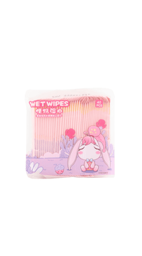 Baby wet wipes pack, front view with pink bunny illustration and 40 pcs label