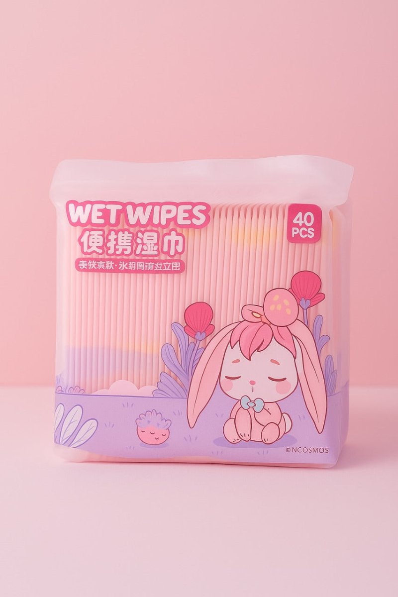 Baby wet wipes pack, pink case with 40 pcs label and bunny face illustration