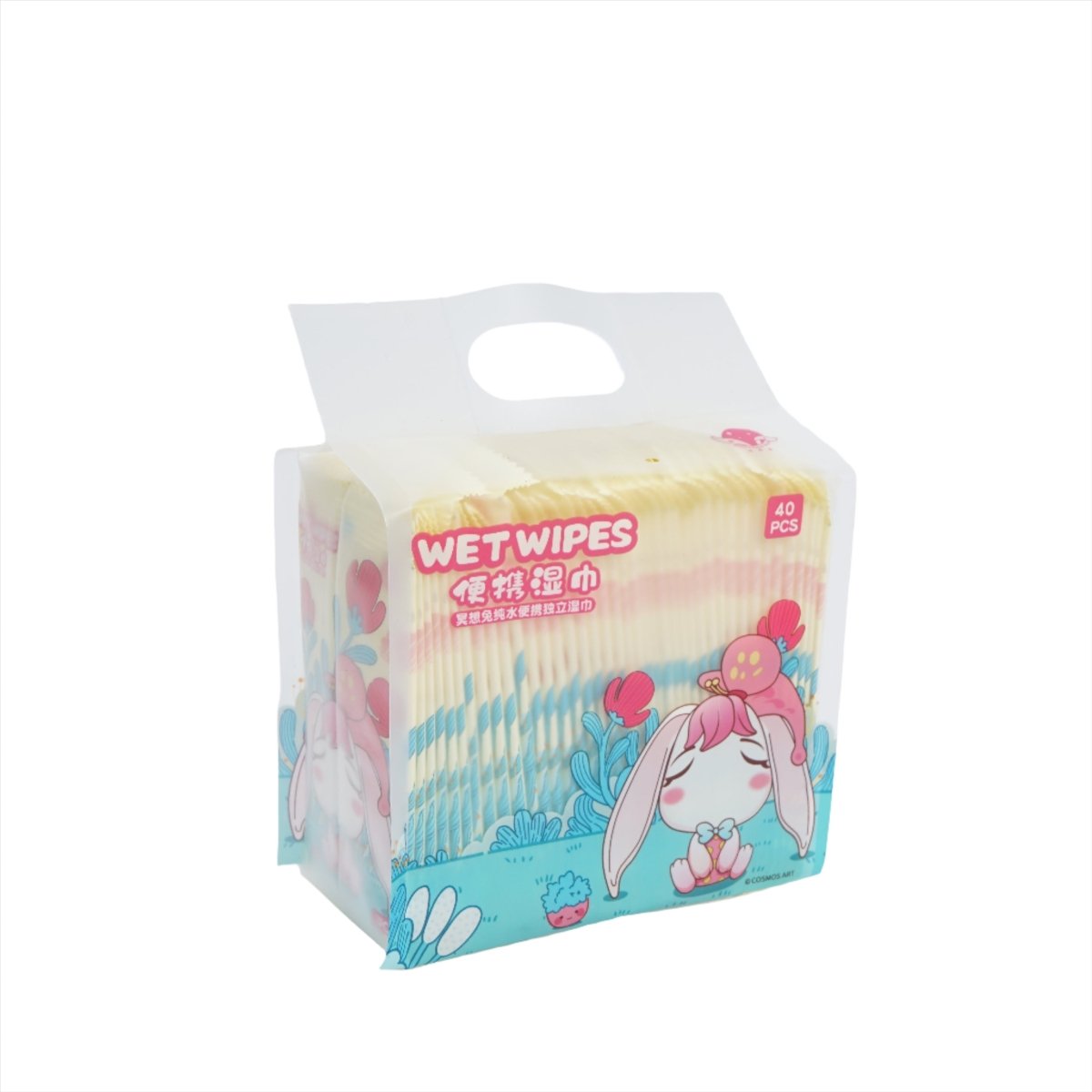 Baby wet wipes pack, white carry top with bunny and 40 pcs on front