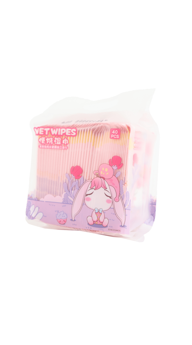 Baby wet wipes pack, translucent bag with pink bunny design and 40 pcs