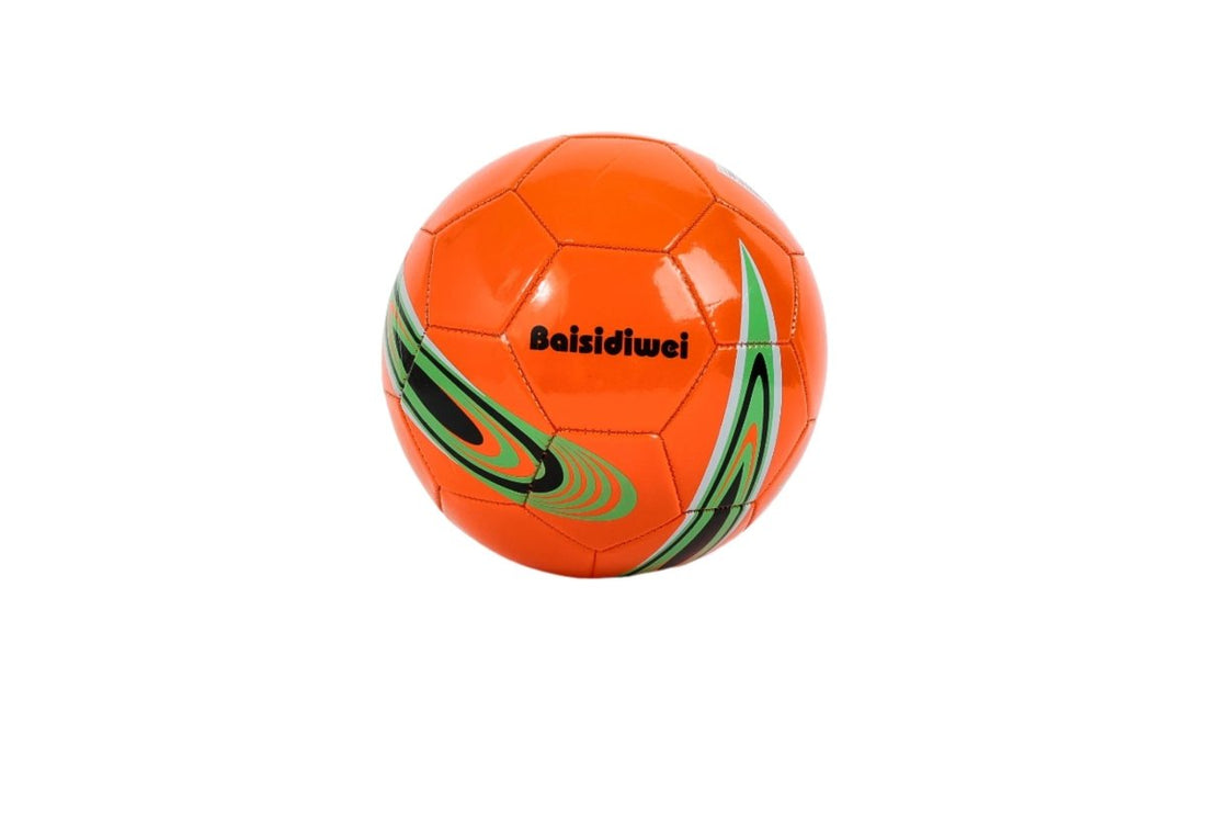 Orange soccer ball with green graphic swirls and outlined panels
