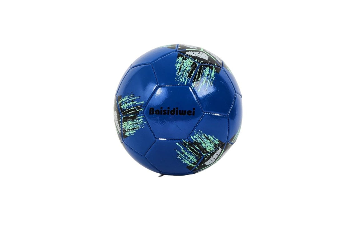 Blue soccer ball with teal graphic accents and textured panel lines