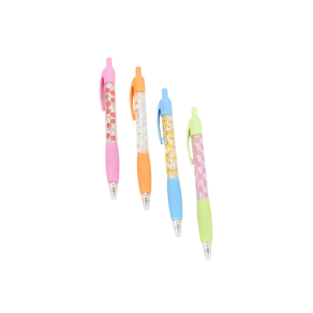 Set of four decorative ball point pens with pastel barrels and patterned grips