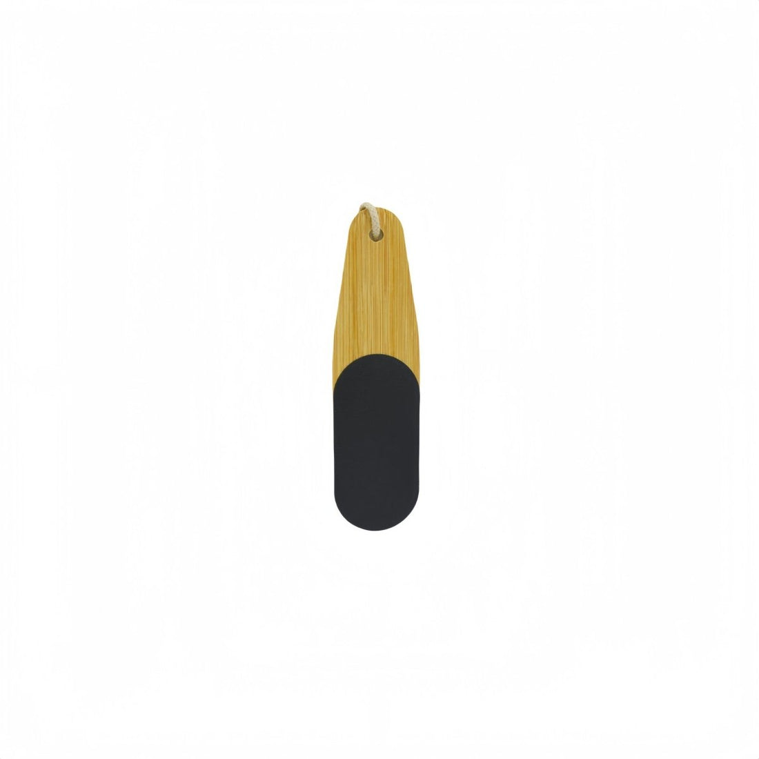 Foot file with bamboo handle and dark abrasive pad, small hanging loop at top