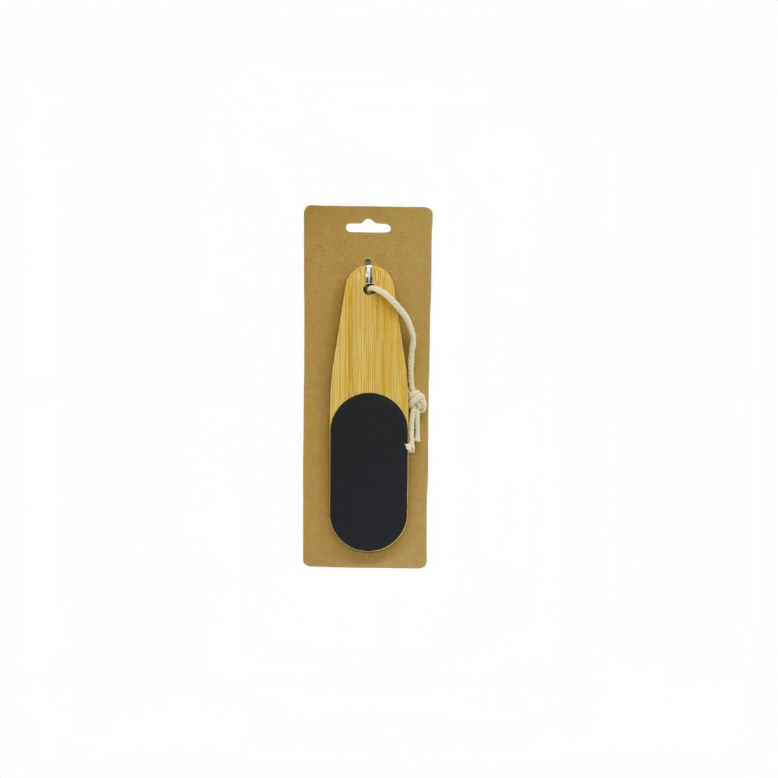 Foot file in cardboard package, bamboo handle with dark abrasive pad and cord loop