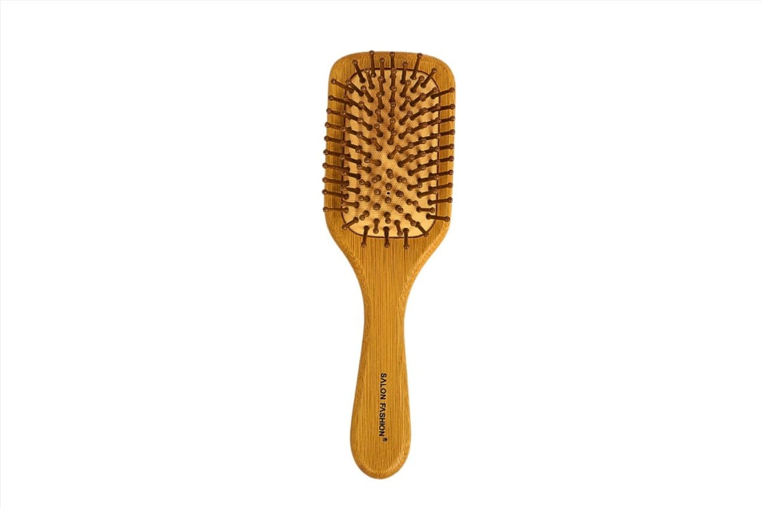 Wooden hair brush with square pad and pin bristles, for gentle scalp massage