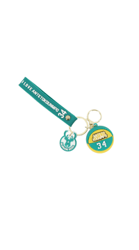 Basketball player keychain with teal strap, Antetokounmpo badge charm, number 34