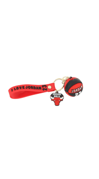 Basketball player keychain with red strap, Jordan Bulls badge charm, number 23