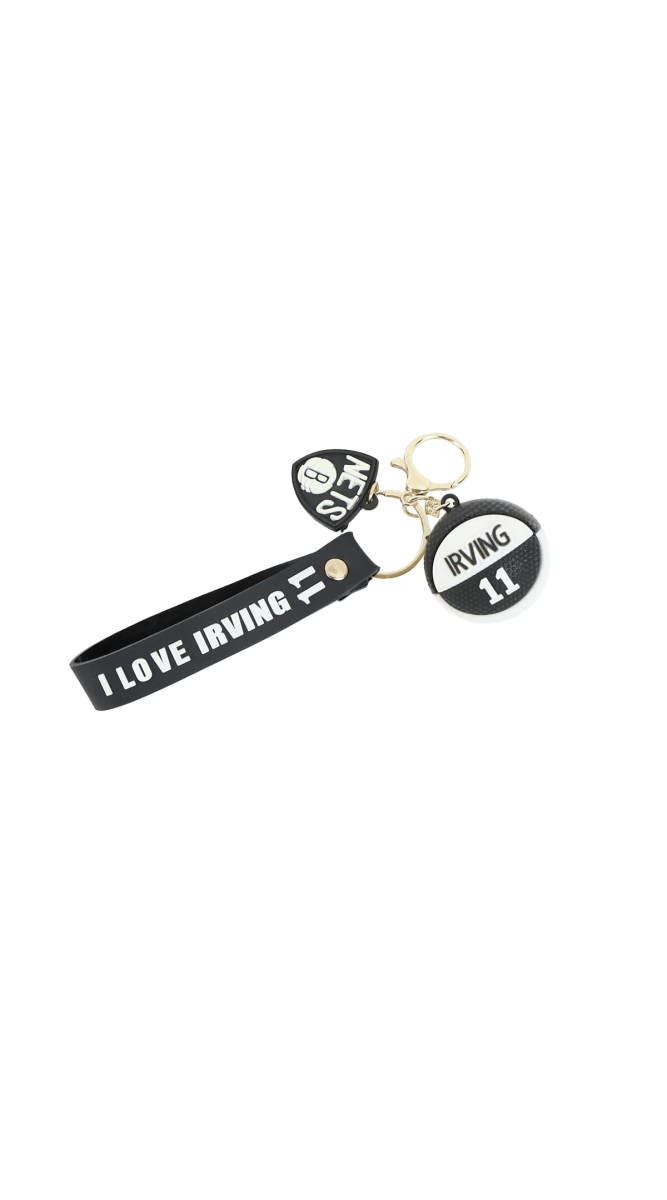 Basketball player keychain with black strap, Irving badge charm, number 11