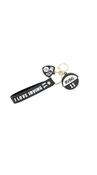 Basketball player keychain with black strap, Irving badge charm, number 11