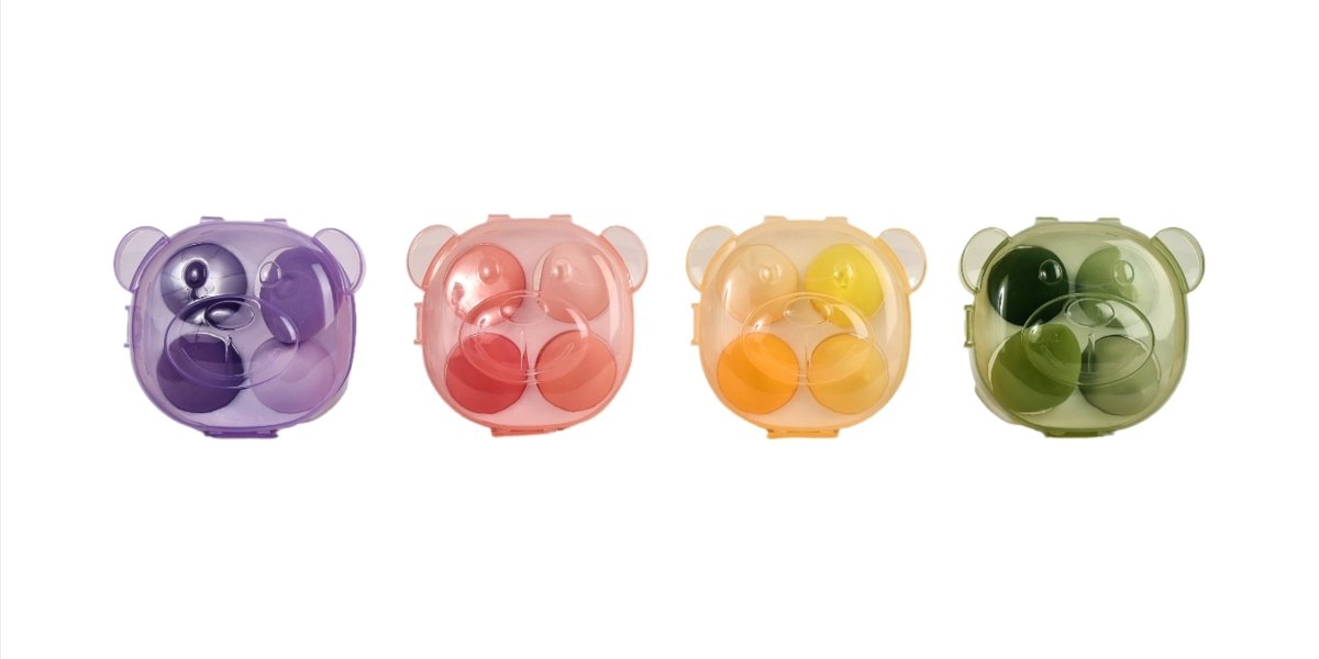Bear-shaped makeup sponge set with purple, pink, orange, and green bear sponges