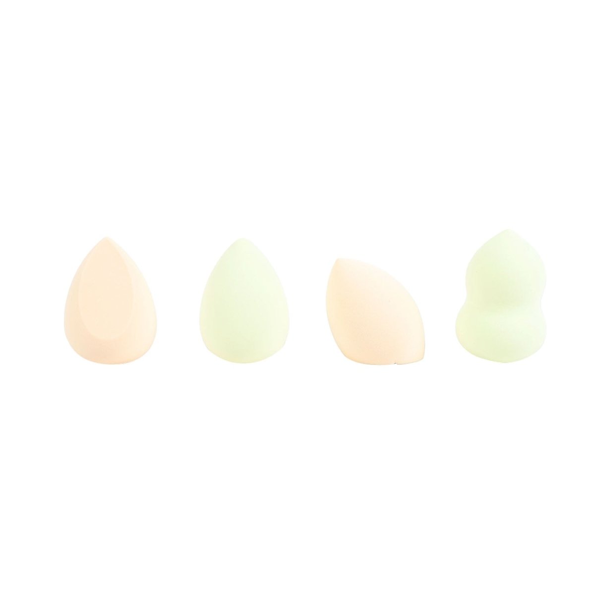 Four makeup blending sponges, teardrop and wedge shapes in pale beige and green