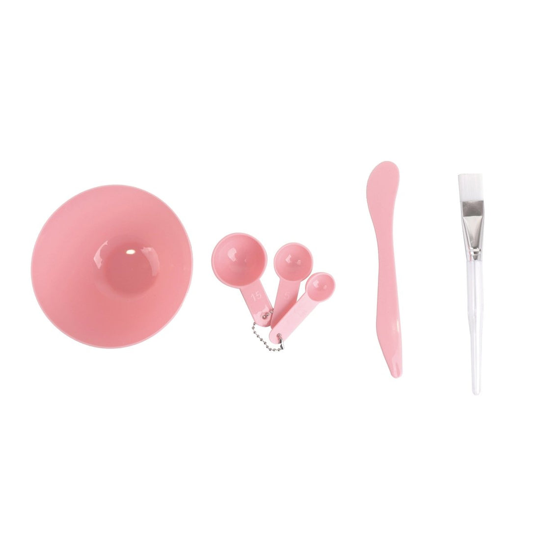 Beauty bowl set in pink with large bowl, small scoops, spatula, and makeup brush.