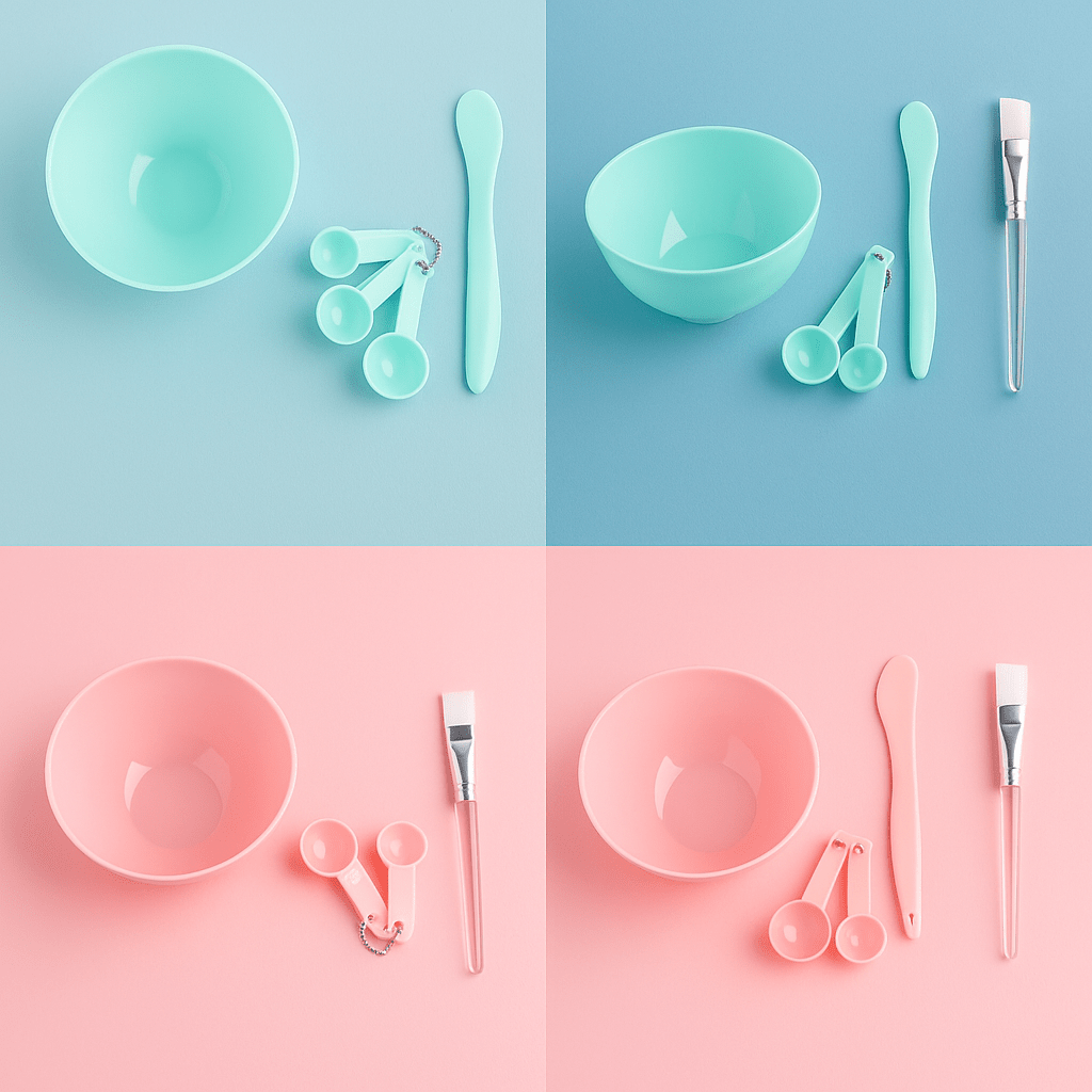 Beauty bowl set in mint green with mixing bowl, small cups, spatula and brush set.