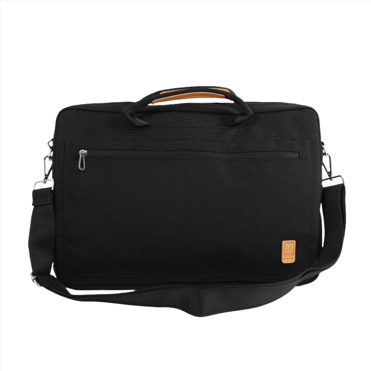 Black canvas laptop bag with side zipper and tan logo patch, crossbody strap