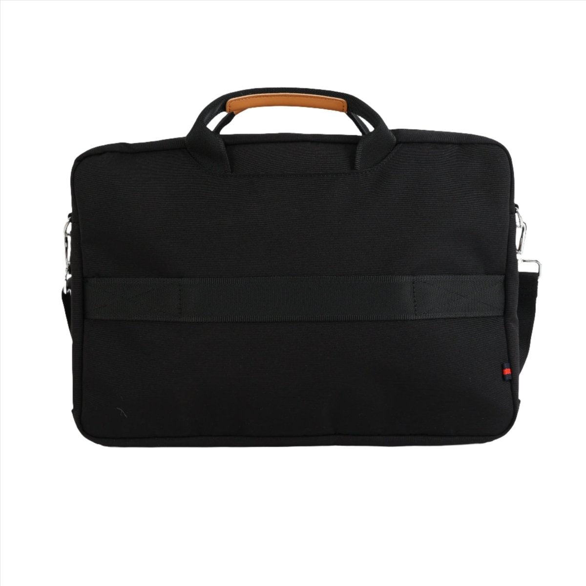 Black canvas laptop bag, rectangular front panel, top handle with tan trim