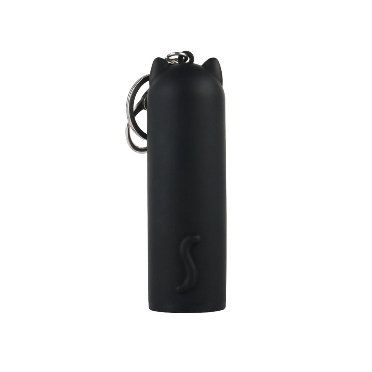 Cat-shaped power bank, black cylinder with keychain loop and cat tail logo