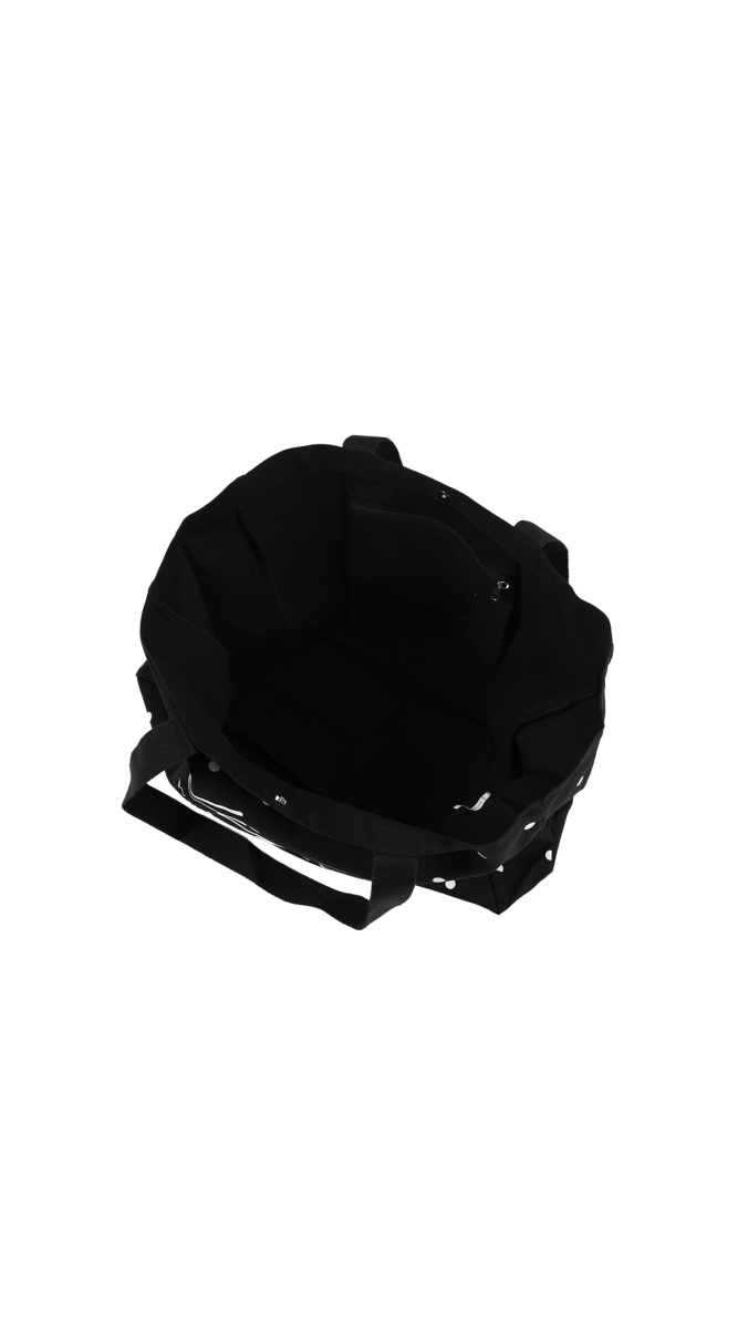 Black tote bag interior view with open top and side grommets, flat base