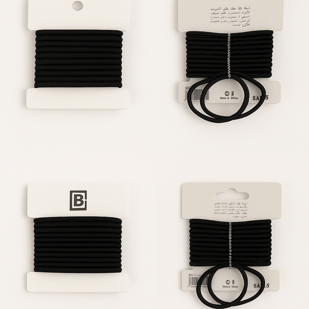 Elastic band set of black hair ties on retail cards, showing coiled bands and loops.