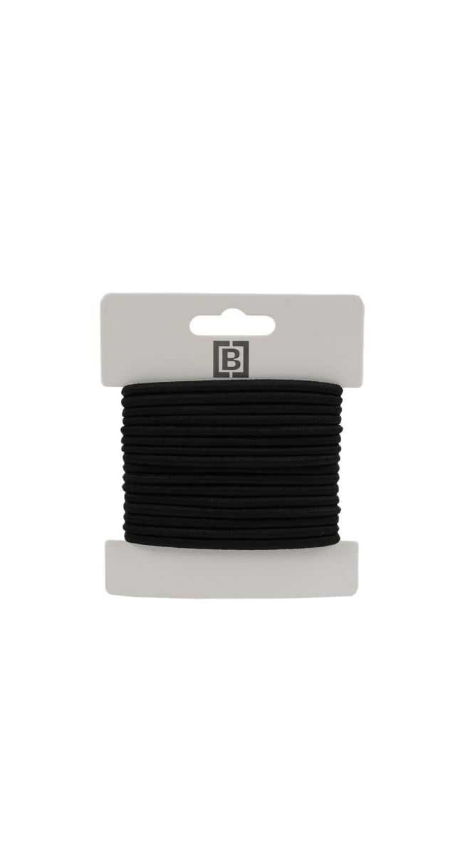 Black elastic band roll on a card with a hanger hole.
