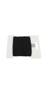 Black elastic band bundle on a card, neatly coiled and stacked.