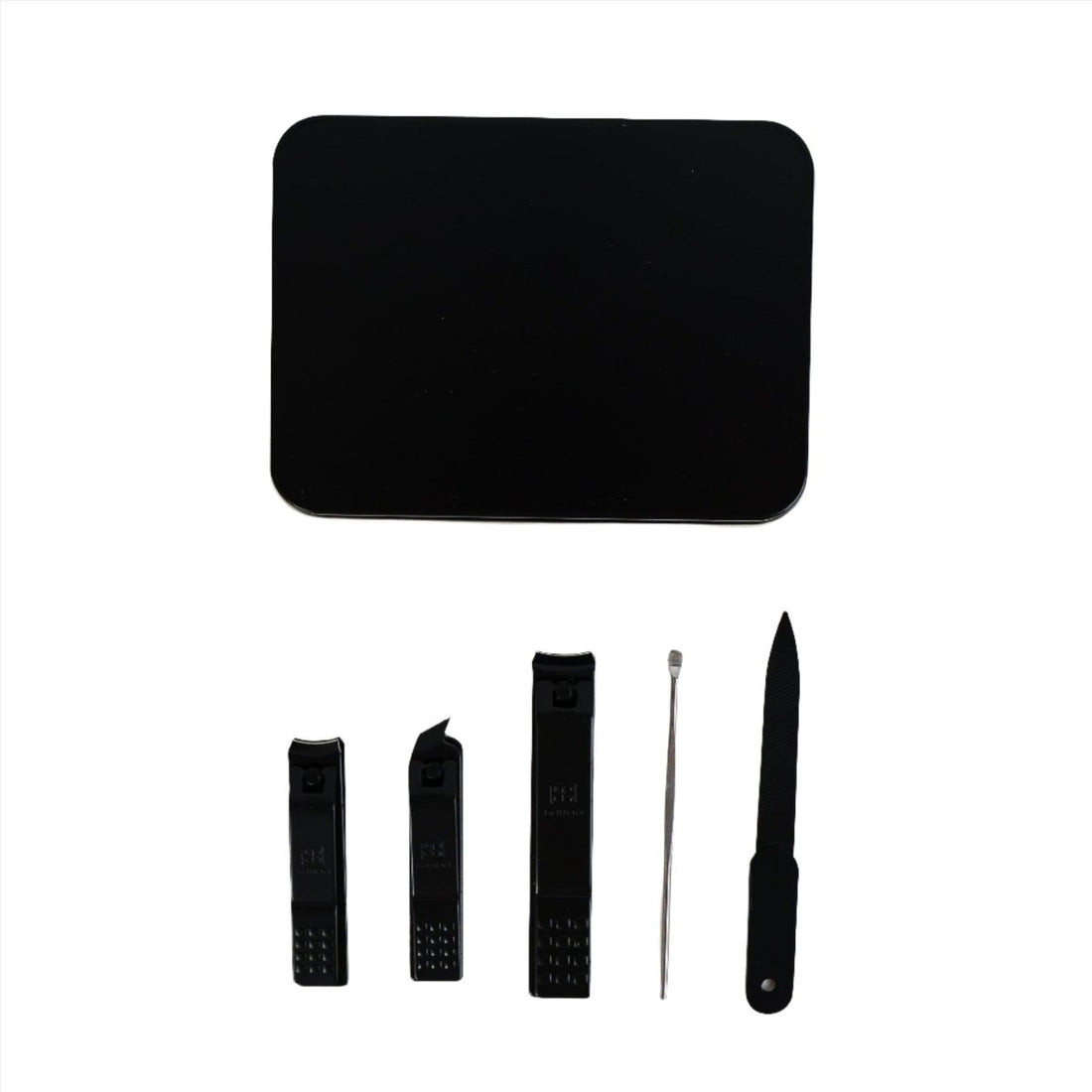 Black manicure set with open storage case and grooming tools