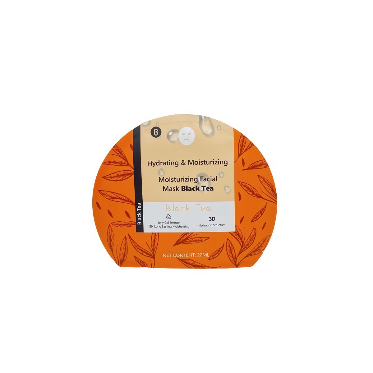 Hydrating facial mask front label on orange leaf-patterned pouch