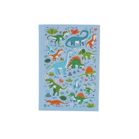 A5 hardcover notebook with light-blue cover covered in colorful dinosaur icons
