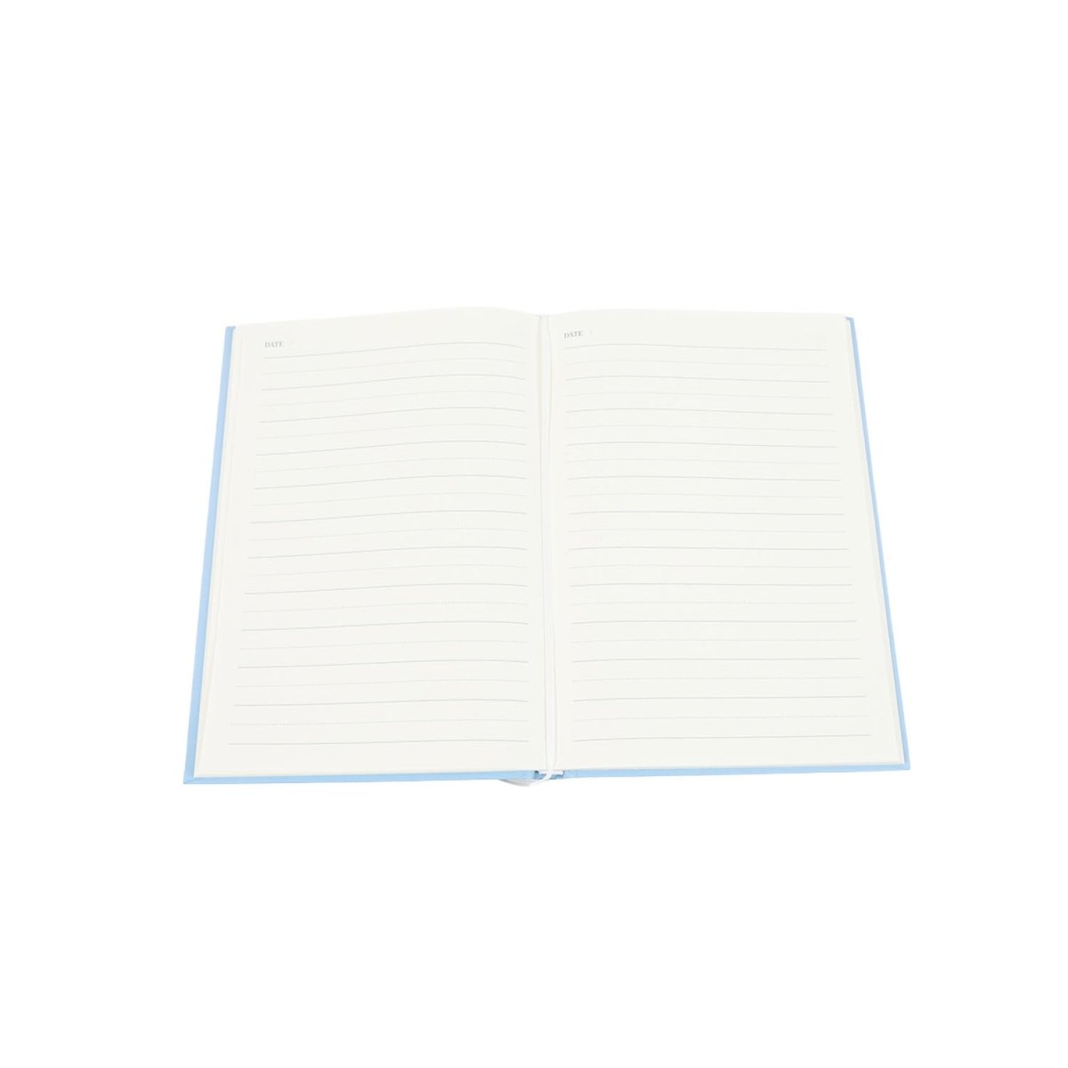 A5 hardcover notebook opened to lined pages with faint horizontal writing lines